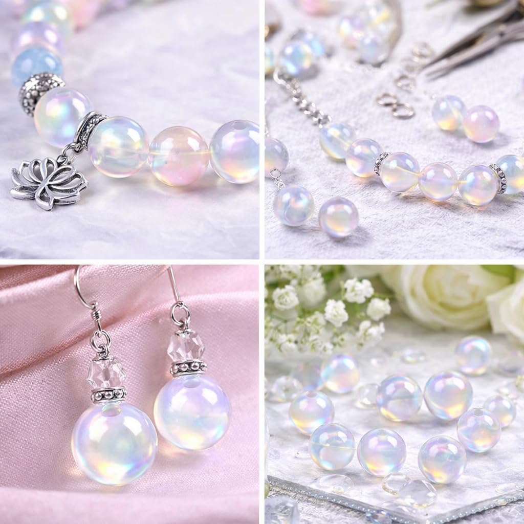 Perlin Moonstone Beads 8mm Round Synthetic Crystal Gemstone Beads Iridescent Aura Finish for Jewelry Making DIY Bracelet Necklace Craft Beads 15 Pieces
