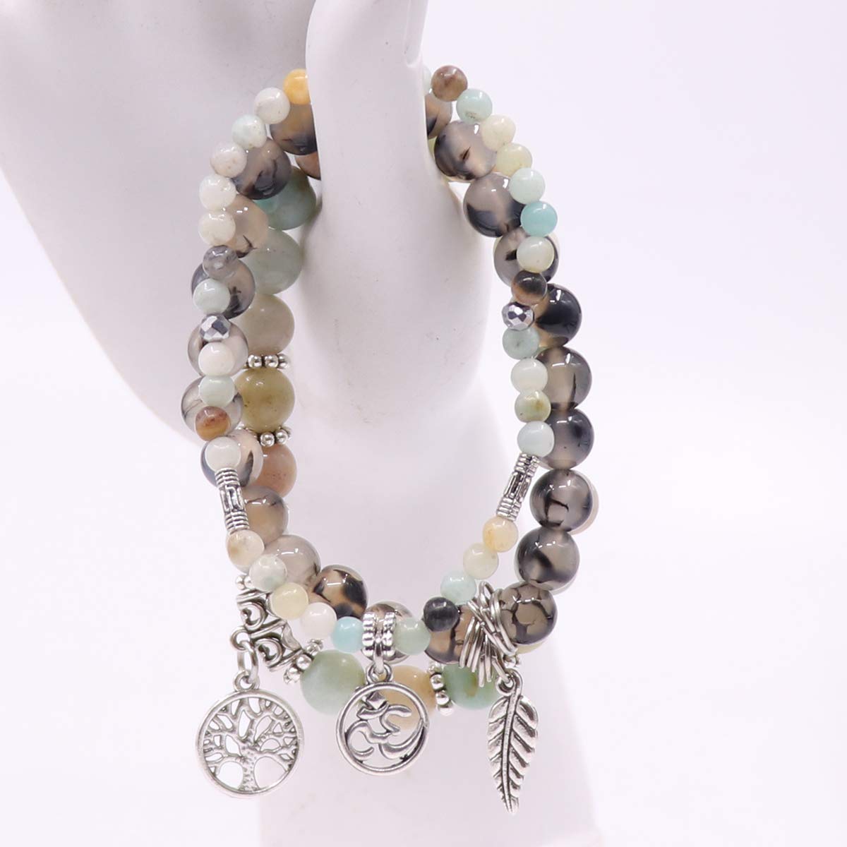 UEUC Tree of Life Yoga Leaf Jasper & Tibetan Agate Gemstone Bracelet, Multi-Layer Natural Stone Healing Chakra Beaded Bracelet, Energy Balance Friendship Bracelet Set