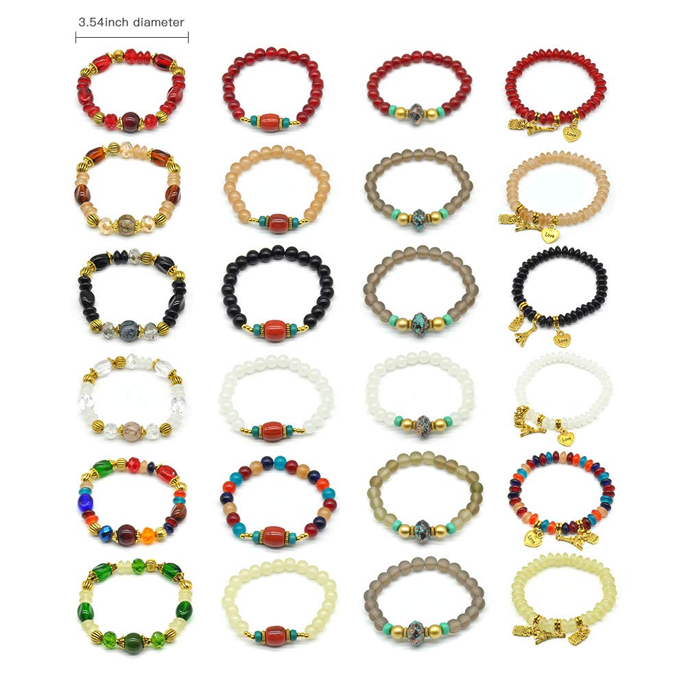 Bohemian Bracelet Sets for Women - 6 Stackable Stretch Bracelets Multi-color Boho Jewelry Hippie Dainty Best Friend Gift (Owl charm stretch bracelet set)