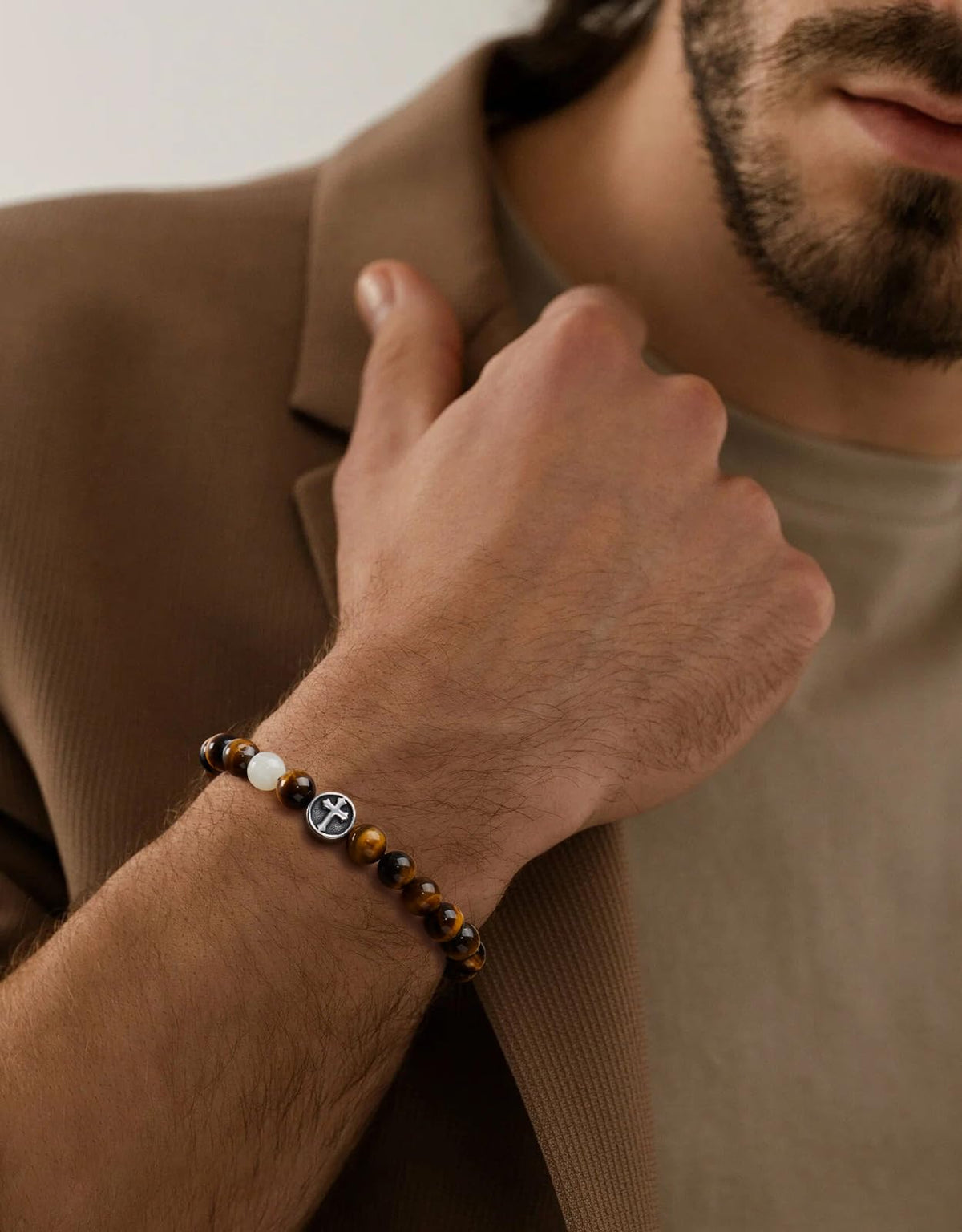 Landorilo Gifts for Men, 8mm Cross Natural Stone Beaded Bracelets, Yellow Tiger Eye Healing Bracelet, Handmade Mens Jewelry Gift for Him, Husband, Son, Father, Friend(To My Son-8.3in)