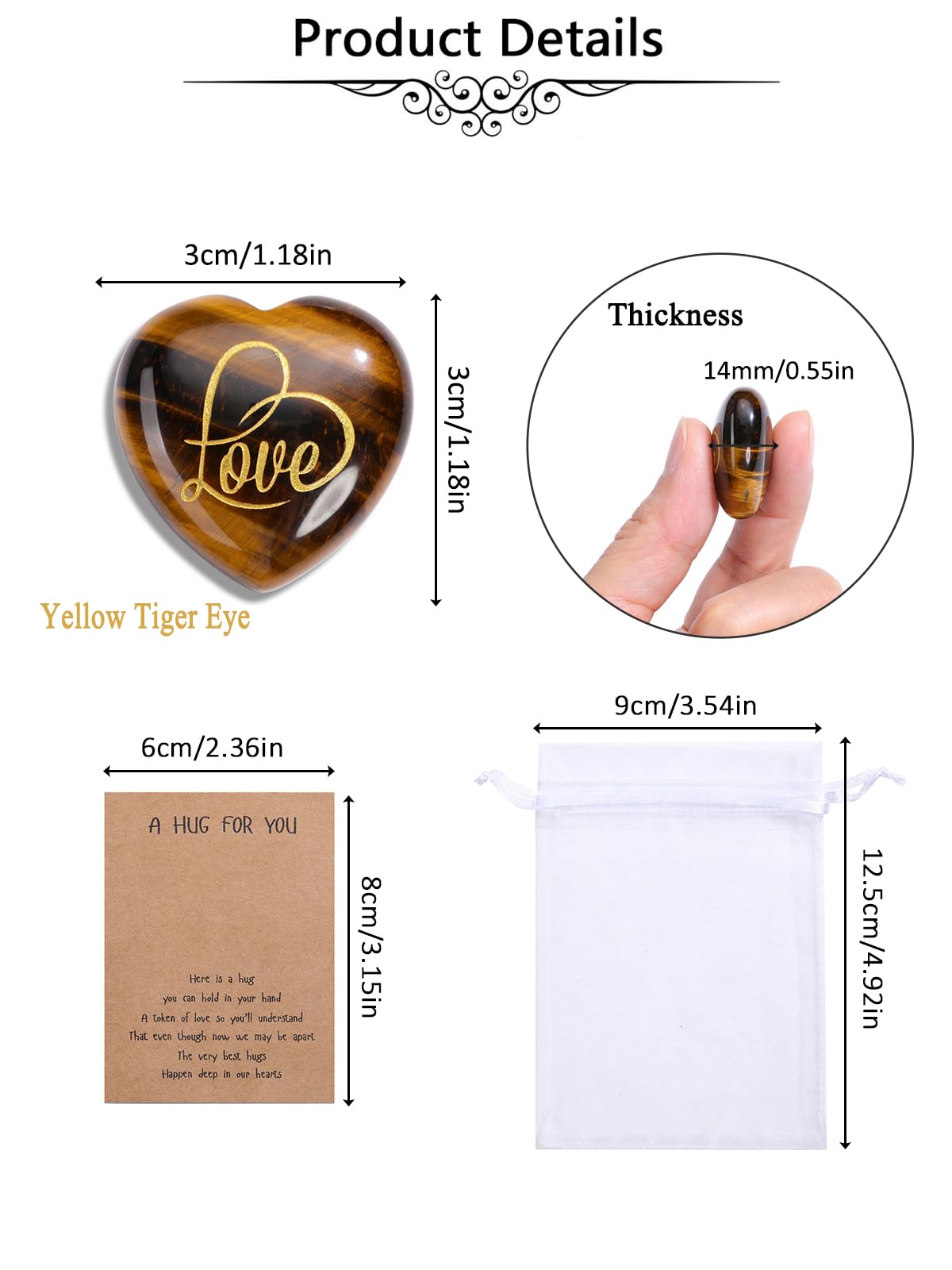 Jovivi Pocket Hug Heart Token,Natural Crystals and Healing Stones with Hug Cards Tiger Eye Love Heart Gemstone Gifts