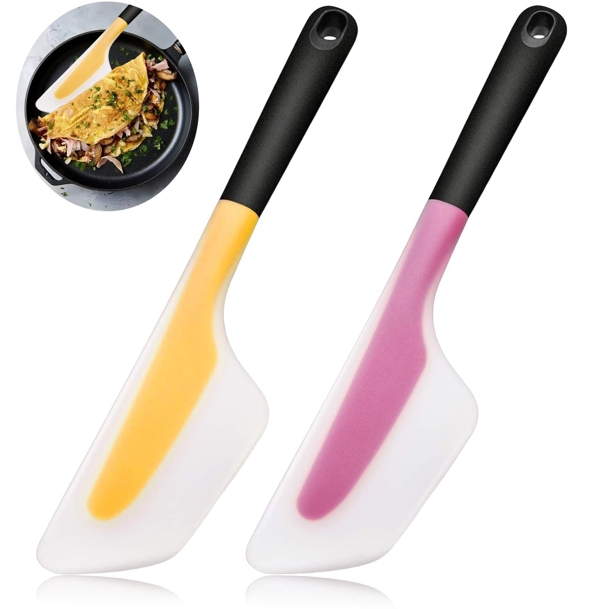 Bigwinyep Omelette Spatula, Silicone Spatula Heat Resistant Flip and Fold Omelette Turner for Kitchen Omelet Pancake Crepes, Pink&Yellow