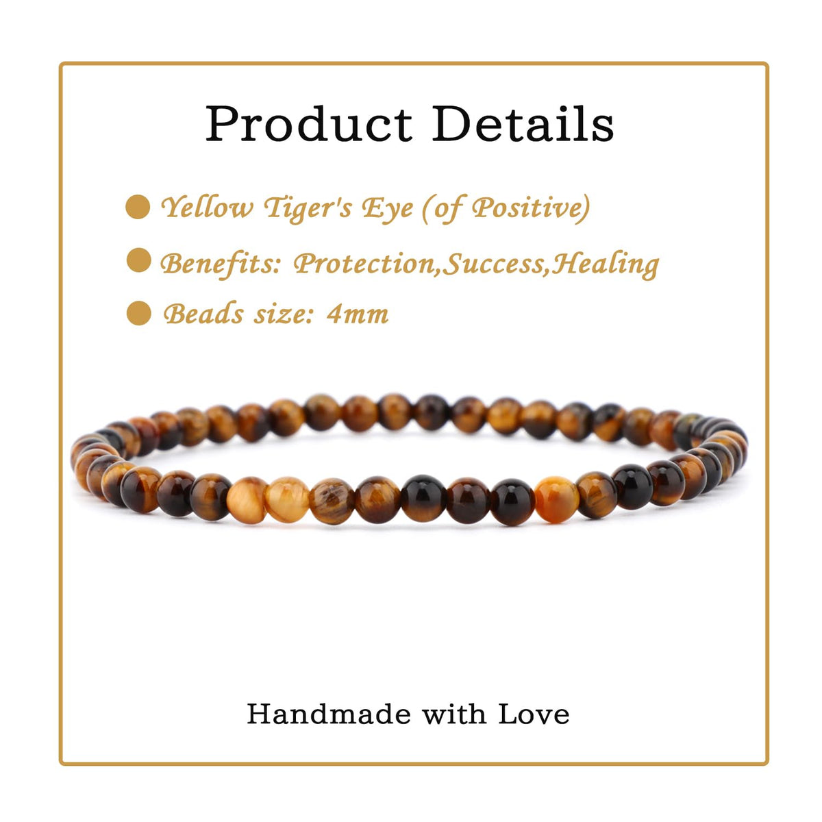 Bymitel 4mm Yellow Tiger's Eye - Handmade Reiki Gemstone Stretch Bracelet, Natural Beauty & Spiritual Essence, Crystal Healing for Unisex Adults