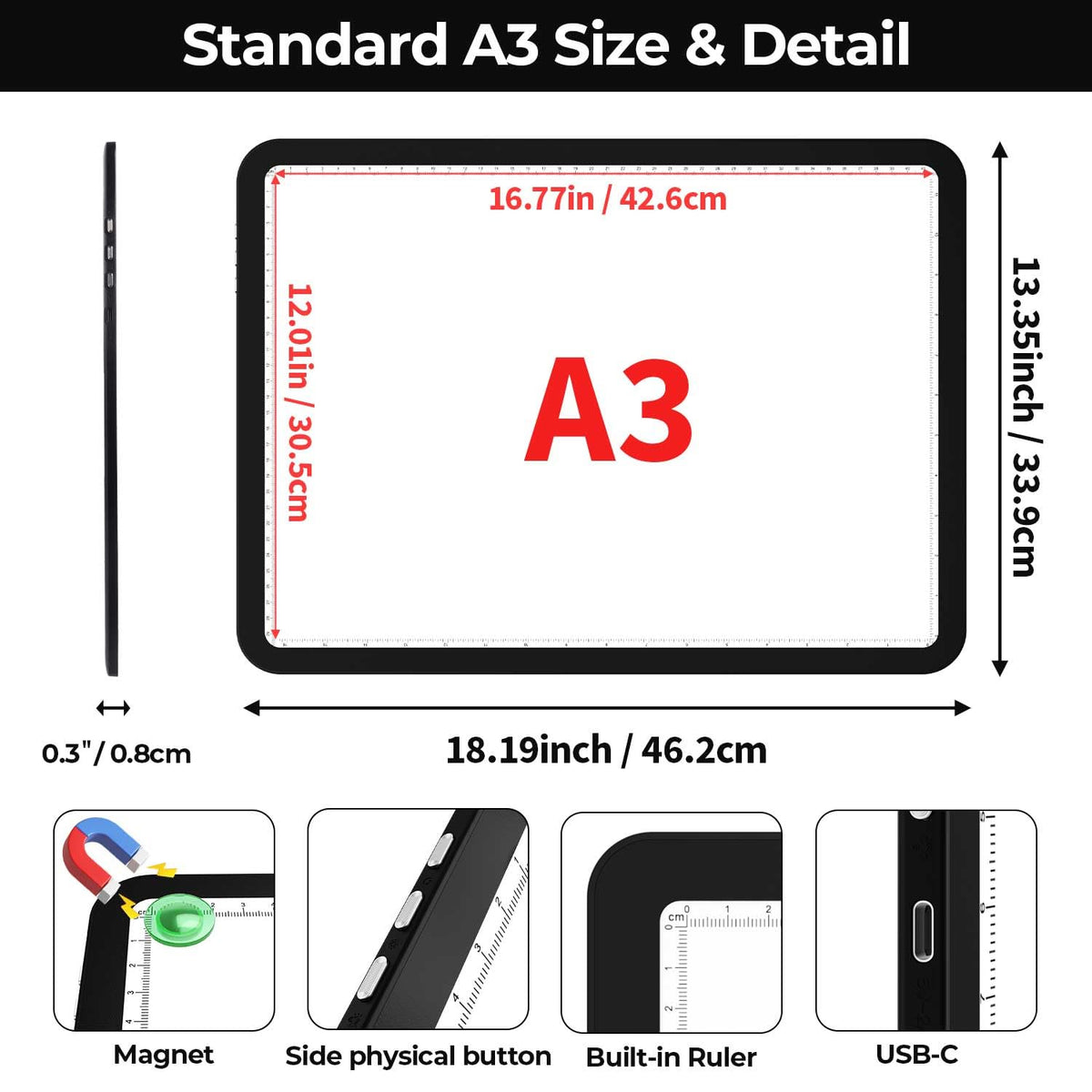 Zocelight A3 Diamond Art Light Board, 16.77×13.35inchs Light Pad,6000 Lux Super Bright Light Box for Tracing,Side Button Design,Magnet Light Table for Diamond Painting,Sketching,Weeding Vinyl(Black)
