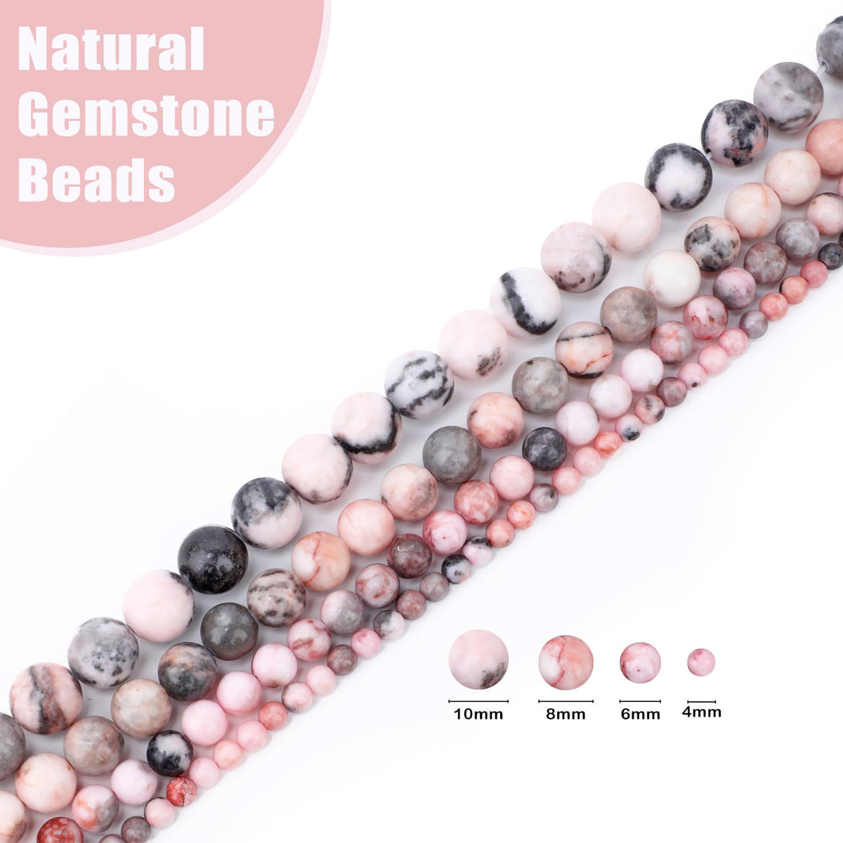 CMBYN Natural Stone Beads Round Genuine Real Stone Beading Strand Loose Gemstones DIY Smooth Bead for Bracelet Necklace Earrings Jewelry Making (Pink Zebra, 4mm 90 Pieces)