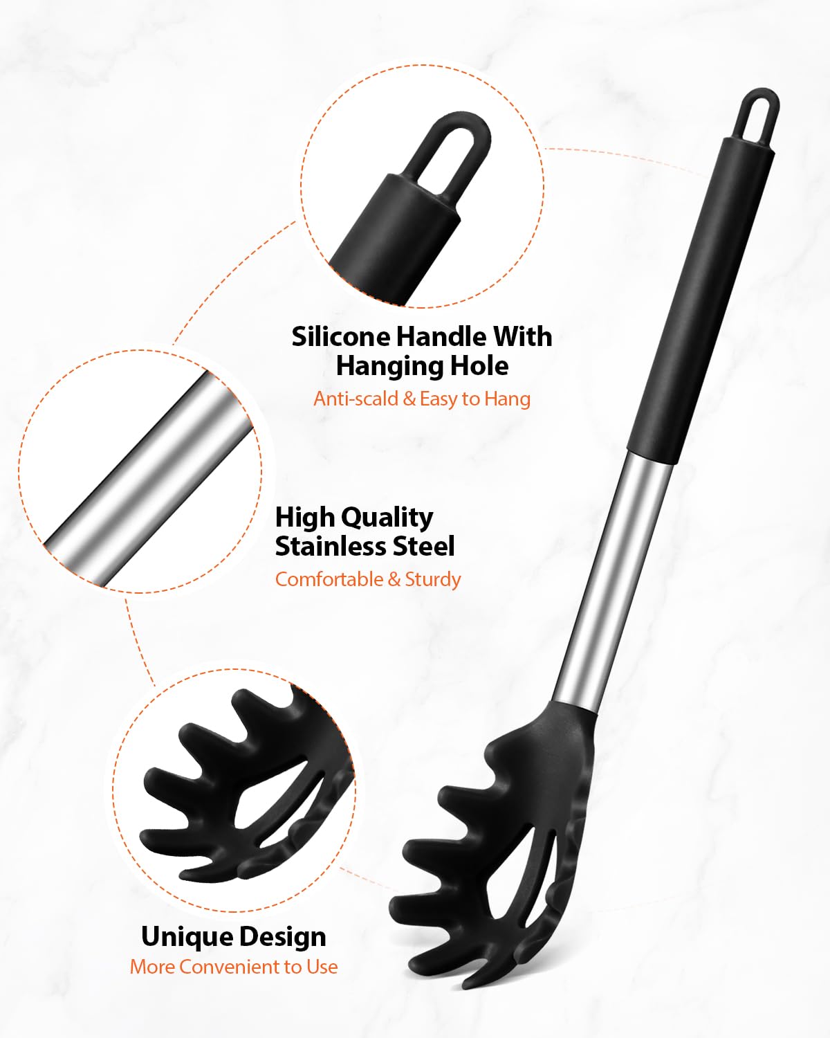 Silicone Spaghetti Spoon & Pasta Tong, Non-Stick Stainless Steel Handle Pasta Fork Set with Teeth, Food Clip for Easy Serving of Noodles (Black)