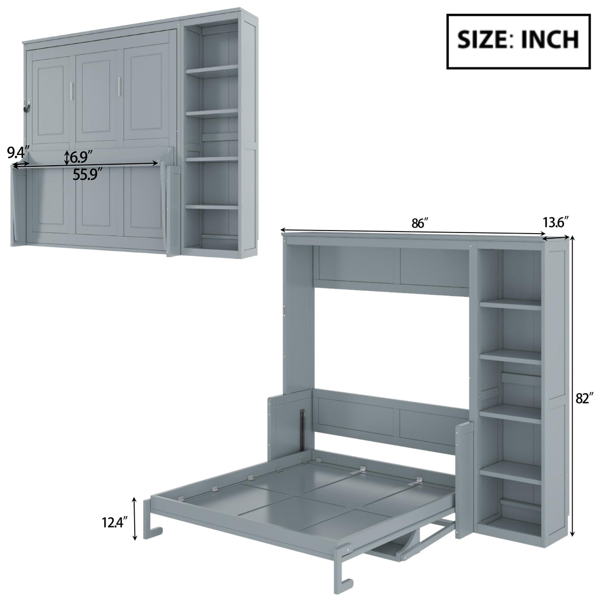 Ball & Cast Murphy Bed Chest Full Size,Hideaway Wall Bedframe with Desk and Bookshelf,Space Saving Cabinet Bed w/Shelf,Slat Support,can be Folded,Bedroom Furniture for Small Space,Gray