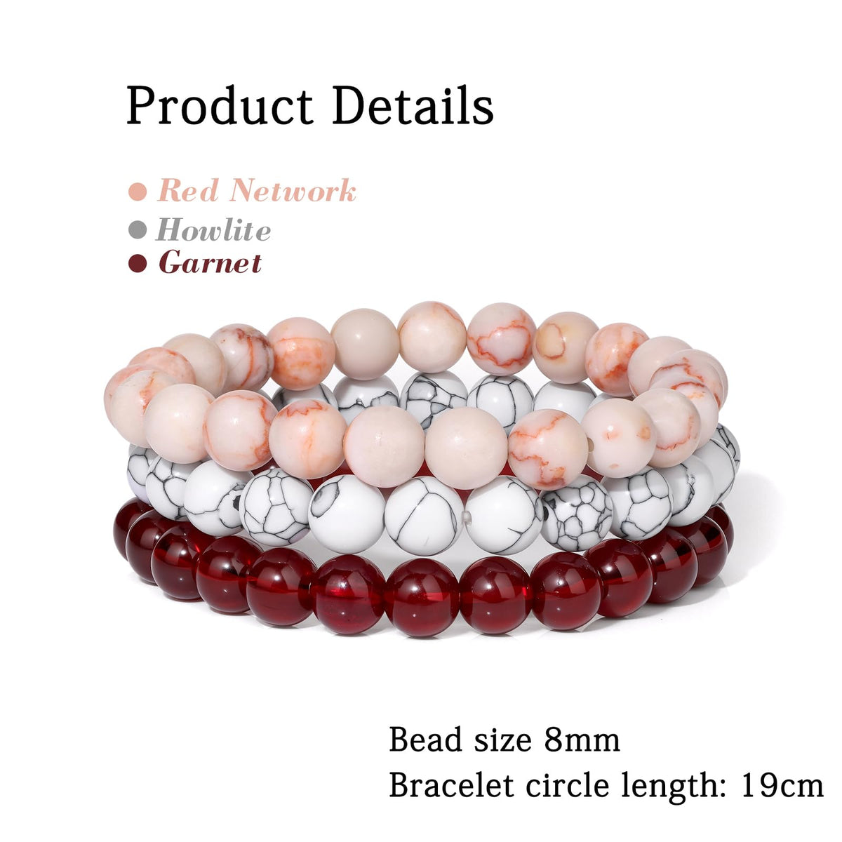 Risyfjew 3 PCS Garnet Healing Crystal Bracelets Women 8mm Natural Stone Beaded Stretch Bracelet Crystal Gifts for Women
