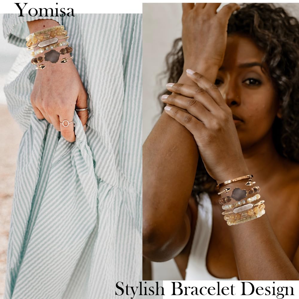 Yomisa 6PCS Natural Boho Beaded Bracelets Bangle for Women,Healing Turquoise Tiger eyes Agate Crystal Gemstone Stone Diamond Chakra Multi Wrap Bohemian Handmade Jewelry Beads Stretch Bracelet Set