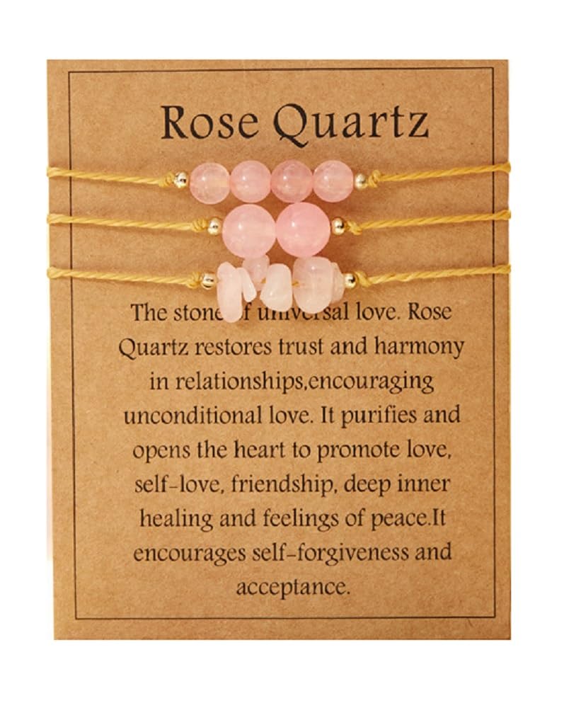3Pcs Natural Stone Bracelet for Women Men Healing Crystal Chip Bead Bracelets Spiritual Amethyst Rose Quartz Chakra Bracelets Set Anxiety Reiki Energy Power Healing Crystals Jewelry - Rose Quartz