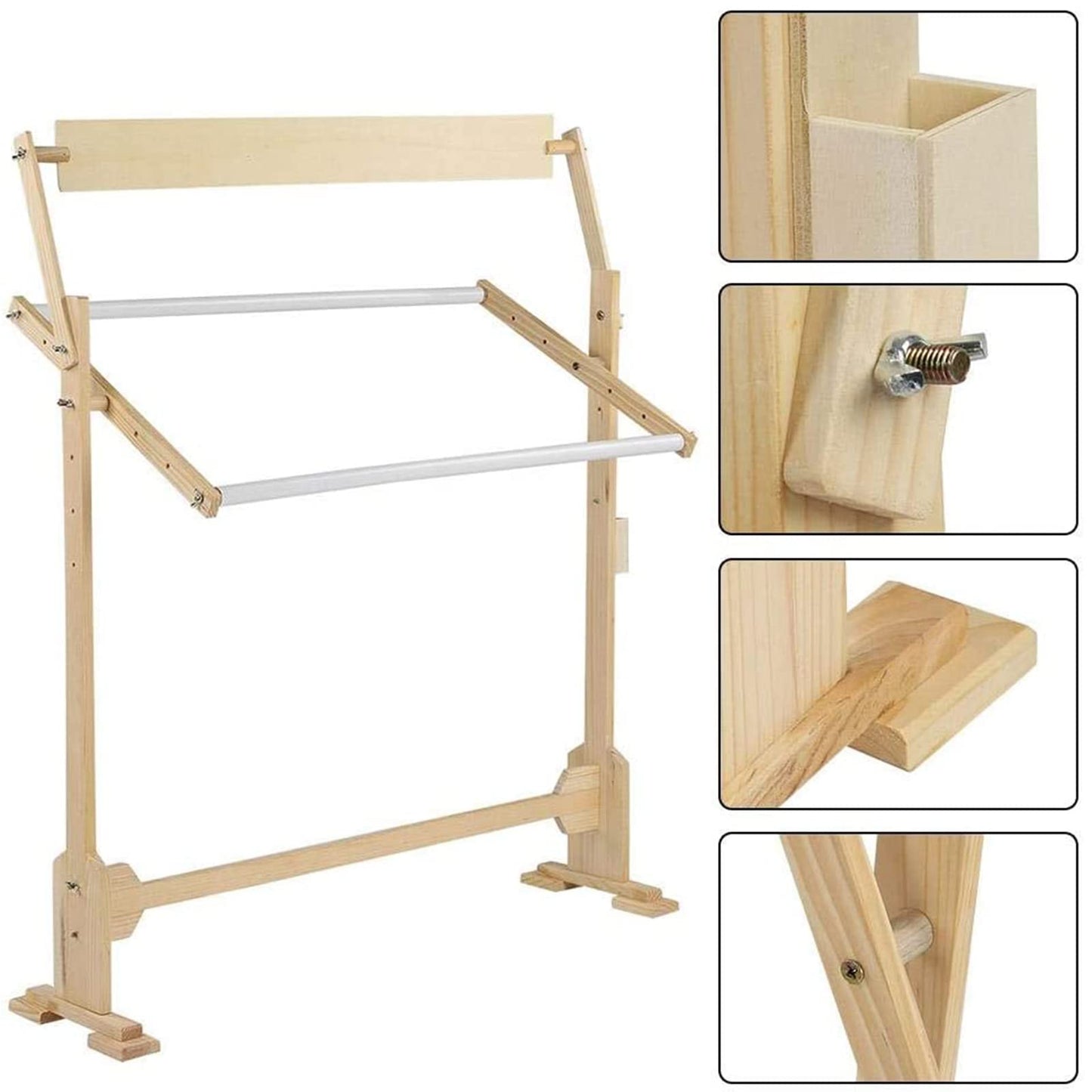 Adjustable Embroidery Stand, Wooden Frame Cross Stitch Floor Stand 360° Rotated Needlework Stand Holder Lap Table Craft Sewing Tool with Scroll Frame
