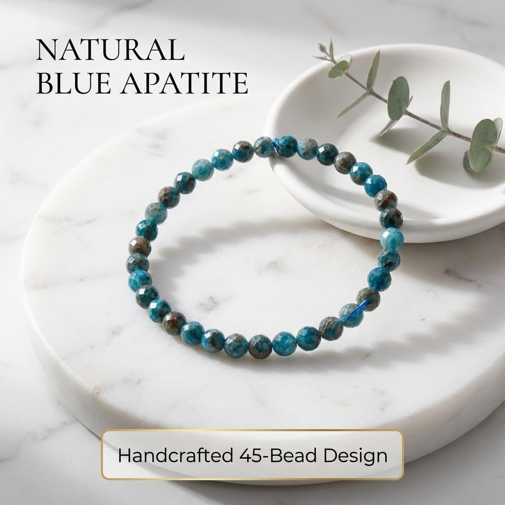 Angelstones Natural Blue Apatite Gemstone Stretch Bracelet, 4mm Faceted Round Beads, Crystal Healing for Women