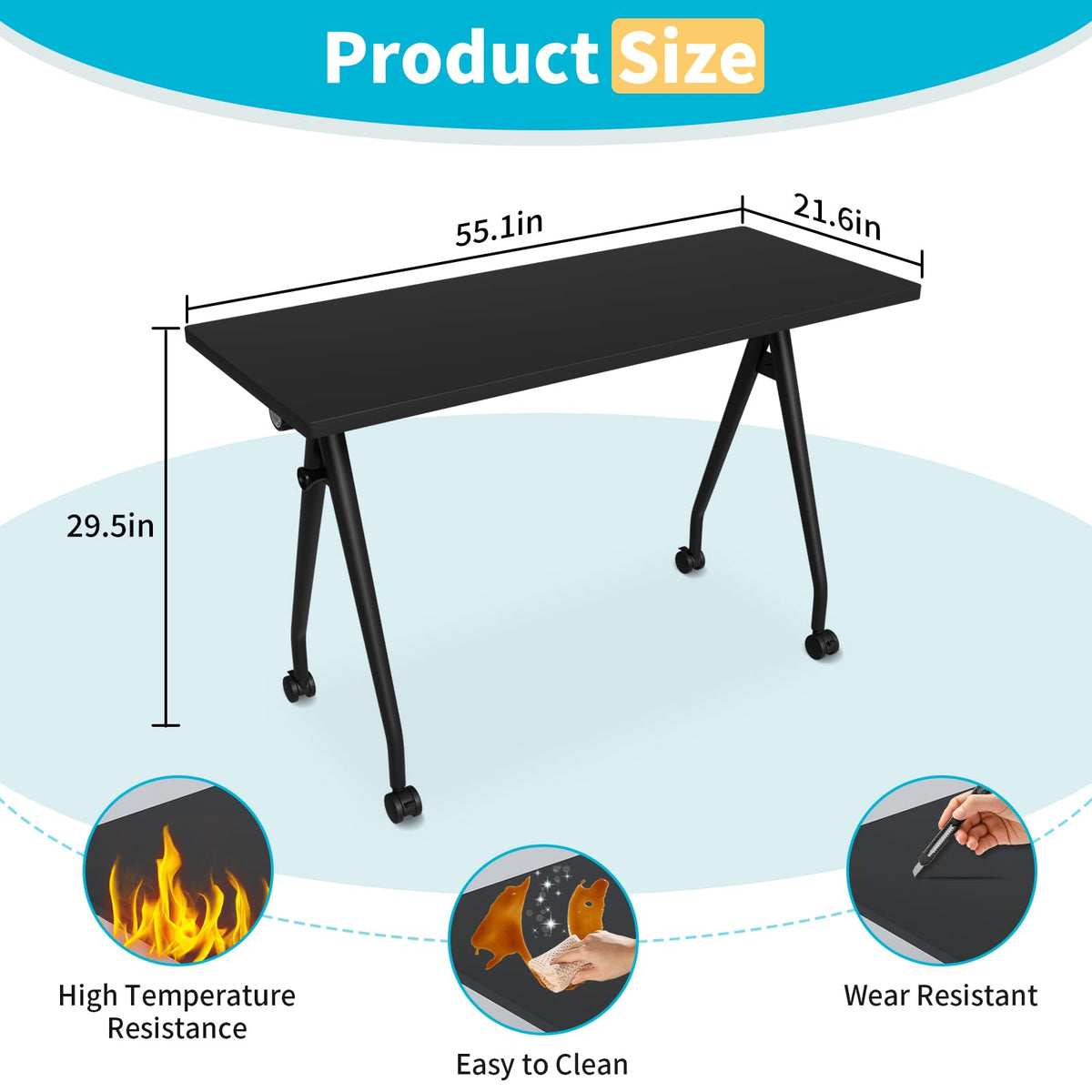 Conference Table with Wheels, Folding Conference Table with Knob & 4 Brake Casters, Modular Flip Top Mobile Conference Room Table for Office, Meeting, Training Room, Class (6, Black, 55.1in)