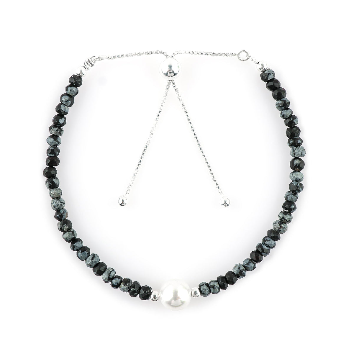 CRYSTALINES Natural Snowflake Obsidian Gemstones Bolo Bracelet | Cultured Pearl Beads | Handmade Beaded Jewelry | Adjustable Silver Chain | Healing Crystal | Gift for Women | 10inch