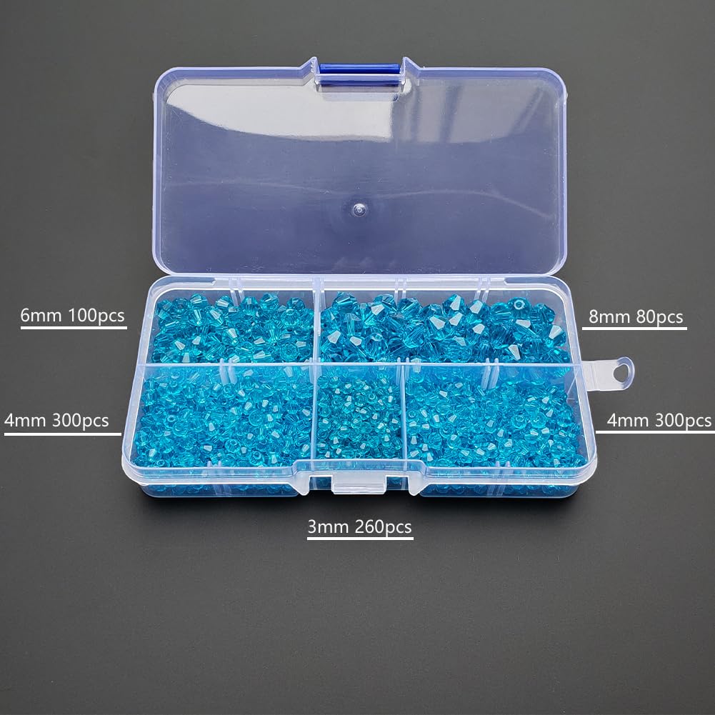 Chengmu Aquamarine Bicone Glass Beads for Jewelry Making, Faceted Crytal Spacer Beads for Bracelet Necklace Earring (3mm 4mm 6mm 8mm Mixed Sizes, 1040pcs)