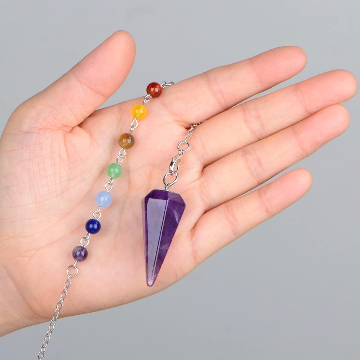 7 Chakra Reiki Healing Crystal Stone Hexagonal Point Pendant and Bracelet setting Pendulum for Reiki Wicca Dowsing Balancing Spiritual Natural Gemstone (Hexagonal Point(18mmx36mm), Amethyst)
