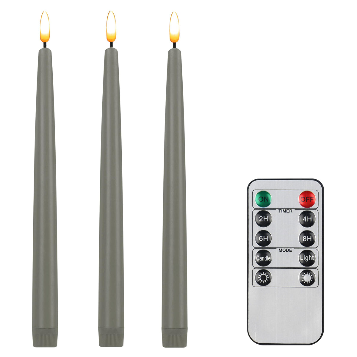 CVHOMEDECO. Flameless Taper Candles with 10-Key Remote, Battery Operated Led Flickering 3D Wick Window Candles Real Wax Finished Home Christmas Party Decor 0.78 x 11 Inch, Pack of 3, Grey