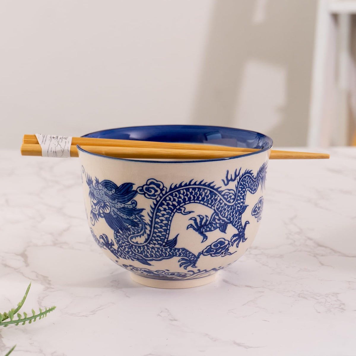 Urban Tokyo Handpainted Ceramic Glazed Japanese Ramen Udon Noodle Rice Bowl With Chopsticks 20 fl oz 5 inch Diameter Bowl Sets Color Box Packaging (Oriental Dragon Blue)