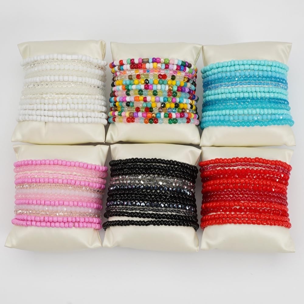 12Pcs Bohemia Multilayer Resin Seed Beaded Stackable Bracelets Colorful Crystal Glass Beads Stretch Bracelet BFF Friendship Elastic Wristbands for Women Men Summer Beach Boho Vacation Jewelry-Black
