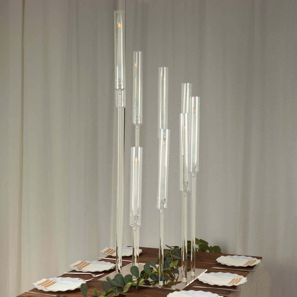 Efavormart 9 Arm Clear Acrylic Cluster Taper Candle Holder Candelabra, Pillar Candle Stick Stand with Square Base - 4ft Tall