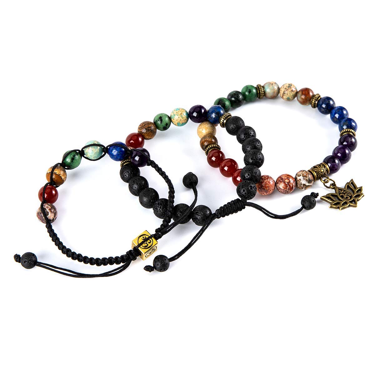 Bivei Beaded Bracelets 7 Chakra Crystal Healing Beads Bracelet Yoga Meditation 8mm Real Stones Anxiety Gemstone Adjustable Braided Bracelet for Women Jewelry (Lotus OM)