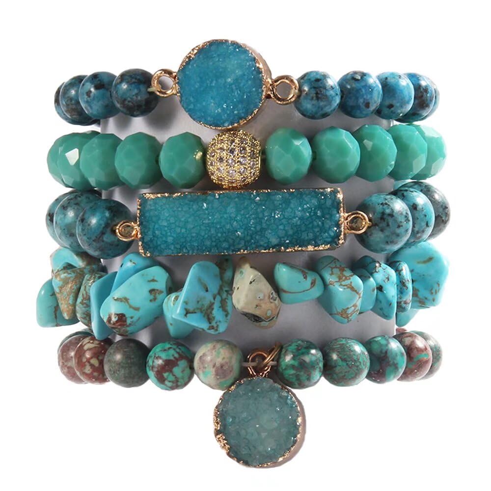 Yomisa 5PCS Natural Boho Beaded Bracelets for Women Men,Healing Turquoise Jasper Agate Crystal Gemstone Stone Diamond Chakra Multilayer Wrap Bohemian Handmade Jewelry Beads Stretch Bracelet Set