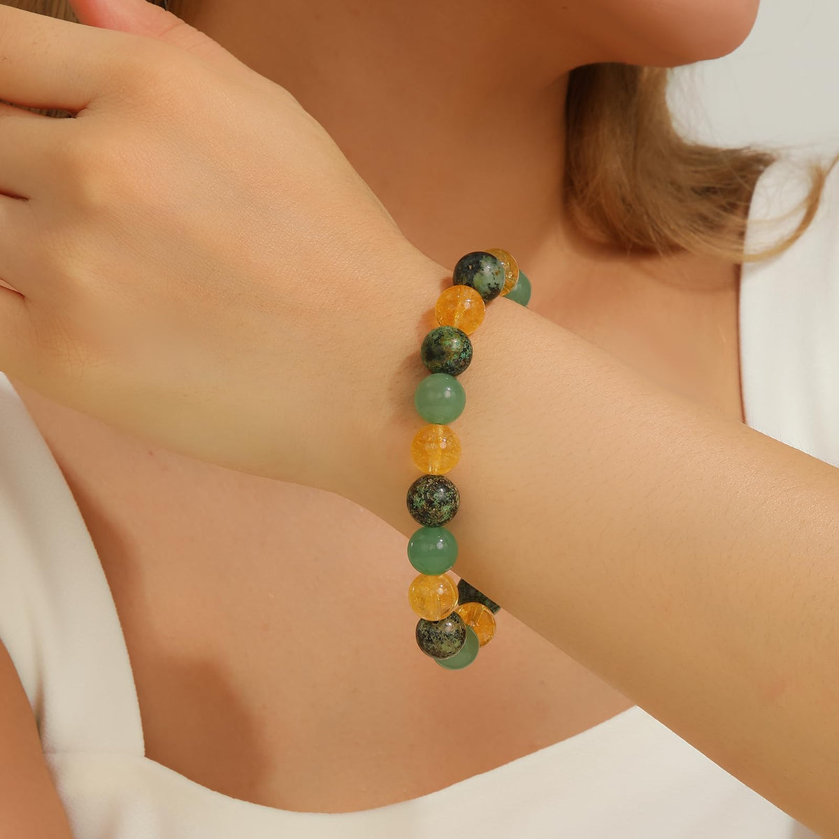 Crystal Vibe Extra Strength Wealth Bracelet - Money Bracelet for Prosperity - Citrine, Green Aventurine and African Turquoise - 10mm Beaded Bracelet for Women Men - Adjustable Size