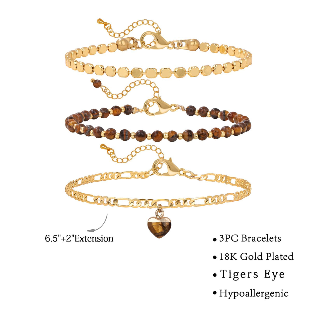 Raicegs Tigers Eye Bracelets Set Stone Bracelet for Women Layered Crystal 3mm Beads Bracelet Adjustable Bracelet for Women Dainty Bracelet