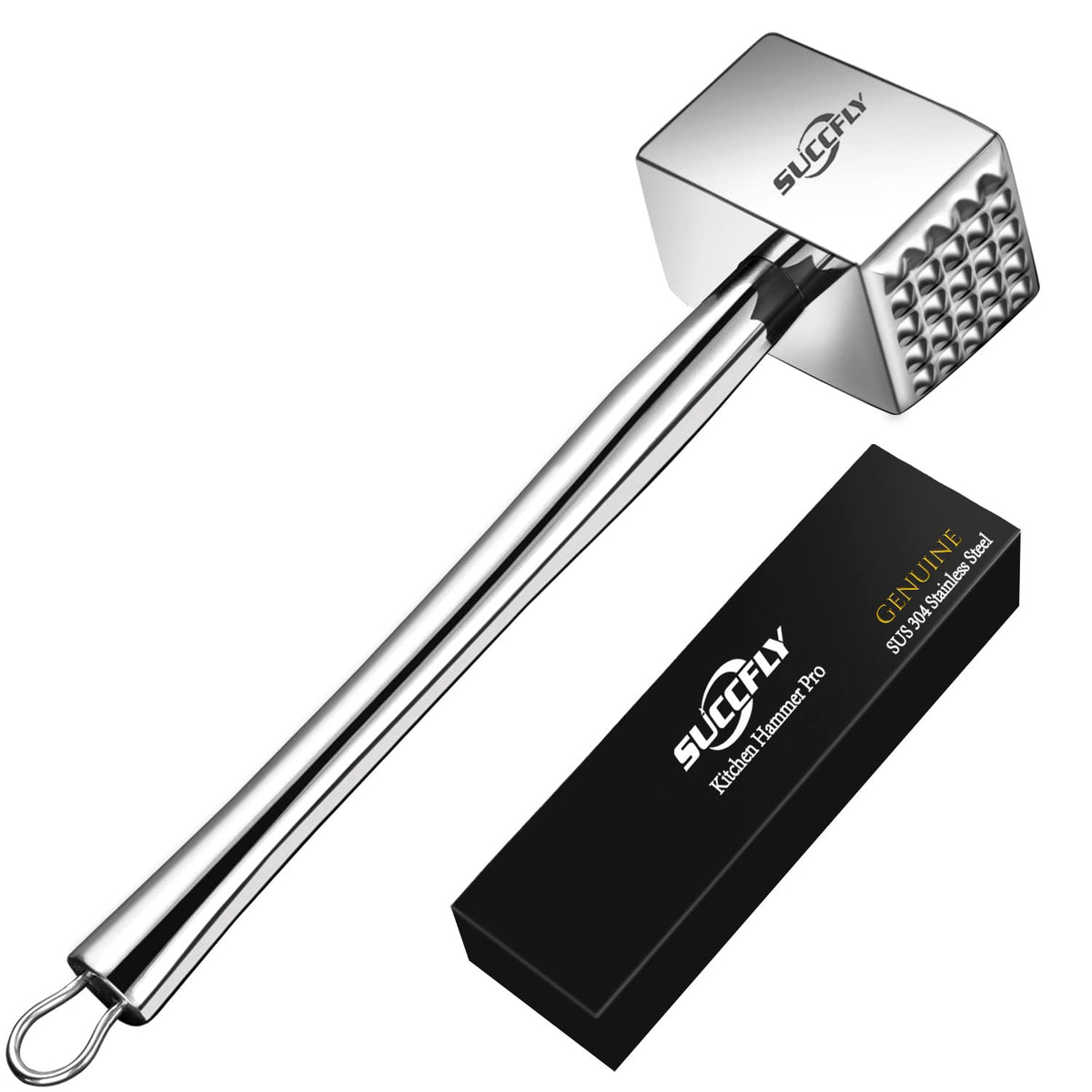 SUCCFLY Meat Tenderizer Stainless Steel, Heavy Duty Meat Hammer, Kitchen Meat Mallet 1.65LB Meat Pounder Flatterner Weighted Hammer Extended Handle for Labor-saving Chicken Steak Meat Tenderizer Tool