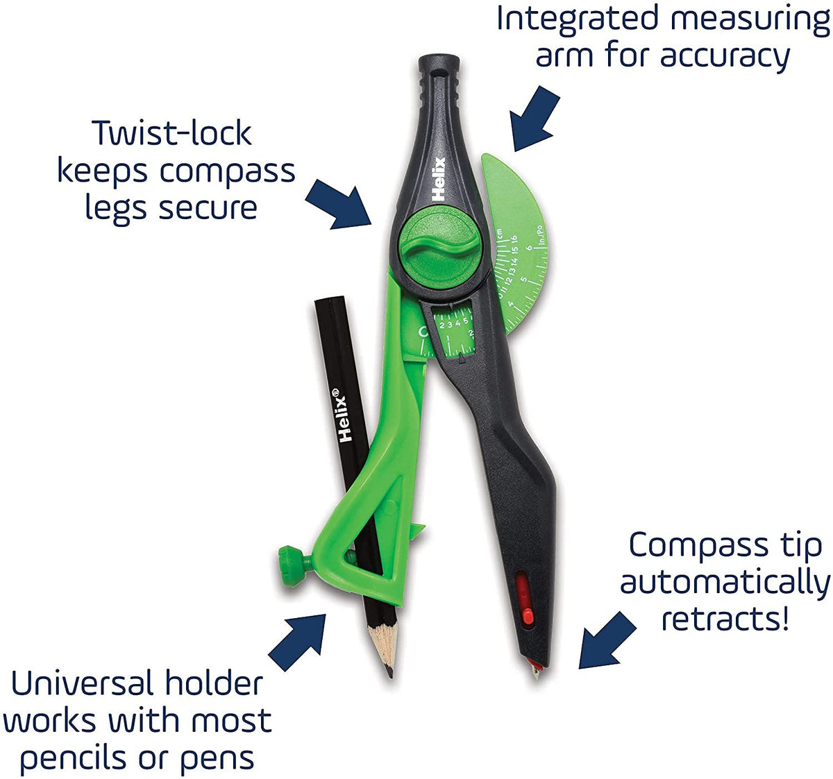Helix Geometry Tool Set – Locking Compass, Protractor, and 360° Angle & Circle Maker with Integrated Templates – Precision Drawing & Measuring Kit for Students and Professionals