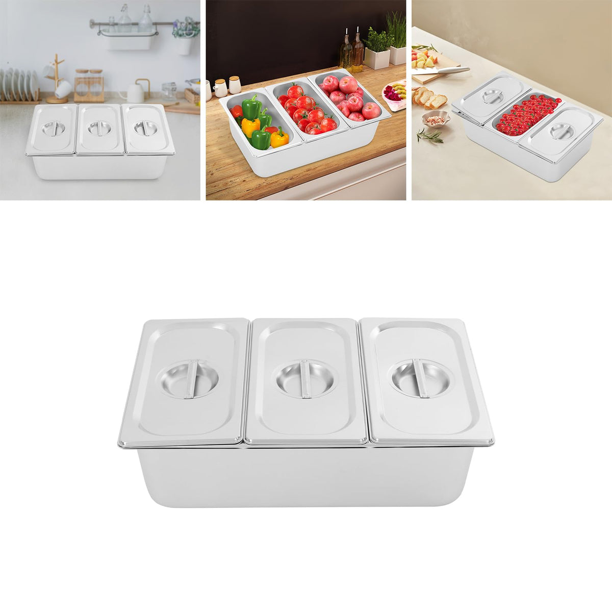 Wawuwao Chilled Condiment Server with Lid, 3-Compartment Stainless Steel Chilled Serving Tray with Lids, Commercial Food Storage Containers for Buffet Restaurant Home, 2 Types of Lids (3-Pan)