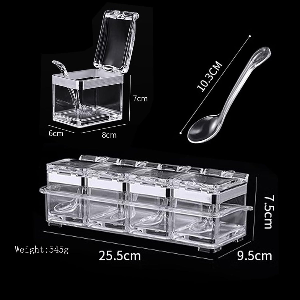 TENTA KITCHEN Gourmet Acrylic Seasoning Box - Premium Quality Pure Acrylic Container and Case- 18/8 Stainless Steel Ring - 4 Serving Spoons -Luxurious Condiment Cruet Bottle, Spice Jar Set