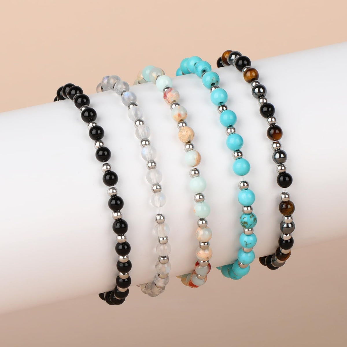 QOGIR Blue Turquoise - Stone of Wisdom - Stainless Silver Beads Natural Gemstone Stretch Elastic Dainty Healing Beaded Bracelets Gifts 4mm