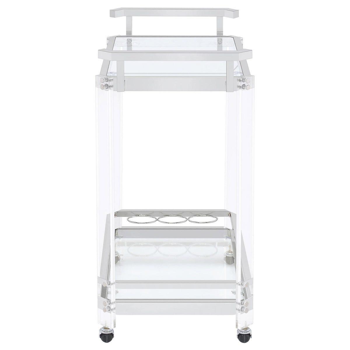 BOWERY HILL Bar Cart, Chrome Finish, Acrylic and Metal Frame with Glass Shelves, 35" H x 28.5" W x 17.25" D, Wine Bottle and Stemware Racks, Contemporary Style Serving Cart with Wheels