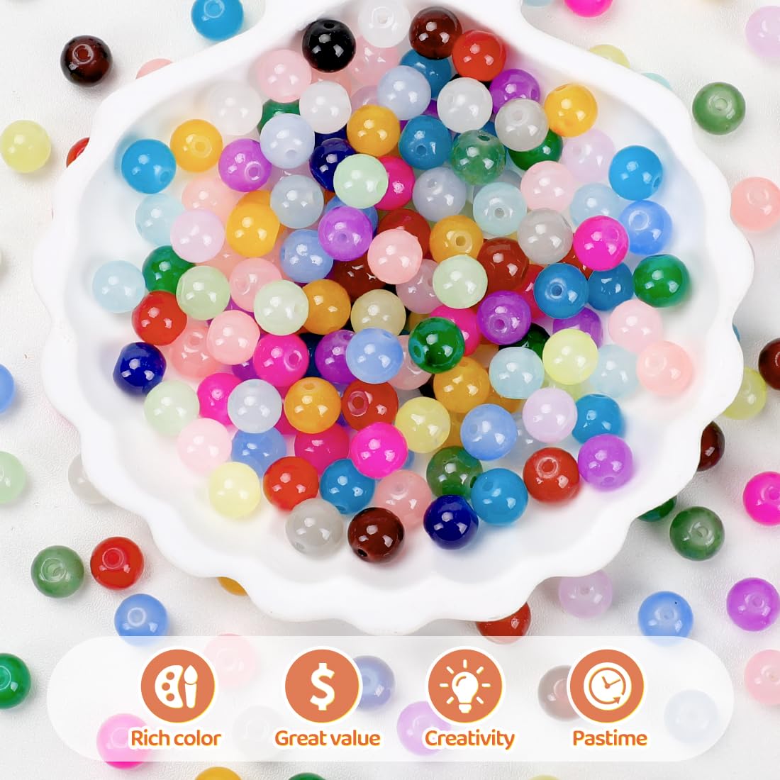 TrynJive 700pcs Glass Beads for Crafts– 24 Colors 8mm Crystal Glass Beads with Gold & Silver Spacer Beads and Elastic String for Bracelets, Necklace & DIY Crafts