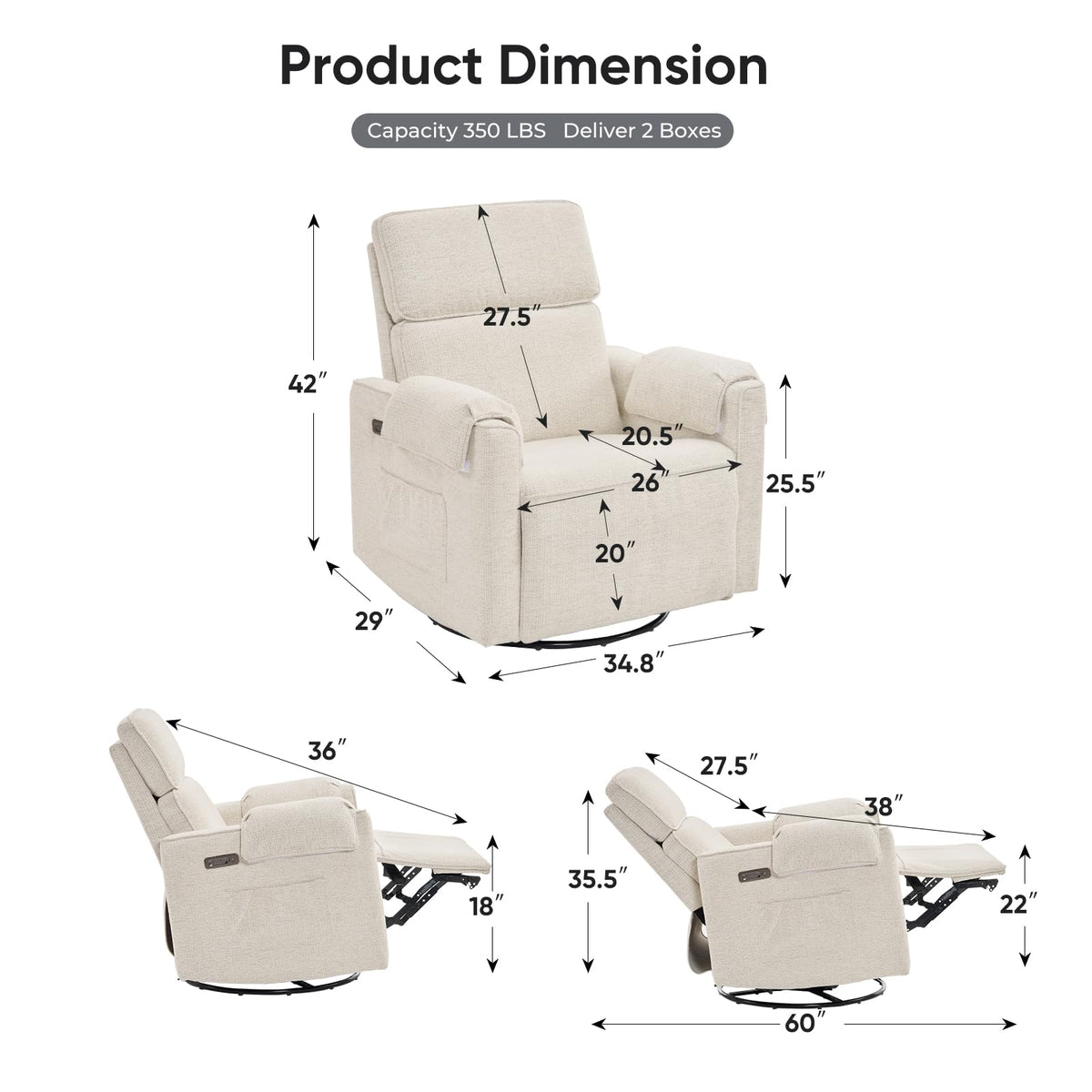Rhevoy Oversized Power Recliner Chair, 26" Extra Wide Swivel Rocker Recliner with Adjustable Headrest, Chenille Glider Rocking Nursery Chair with Overstuffed Armrest, USB Ports, White