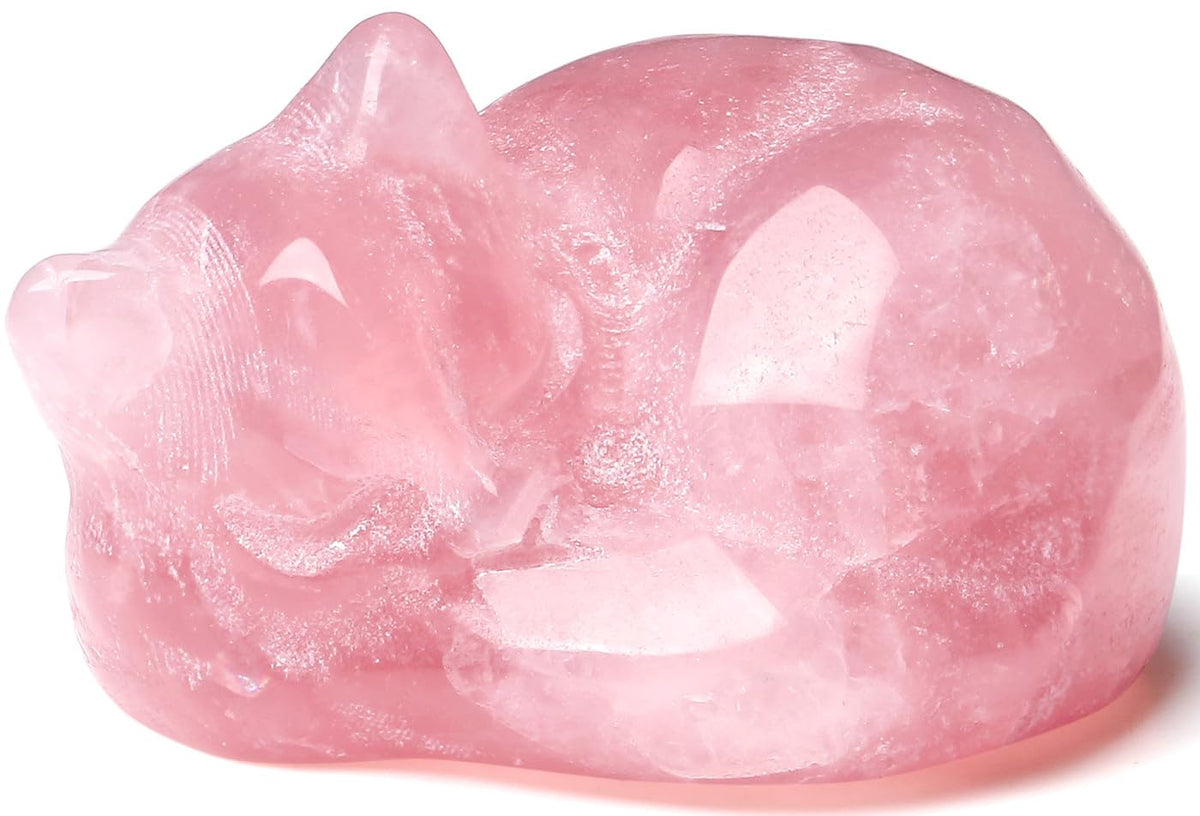 QINJIEJIE Rose Quartz Cat Decor Pink Gift Crystals Sleeping Cat Statue Stone Figurine Polished Gemstones Decors Office Room Home Desk Healing Valentines Decors for Women Cats Decor