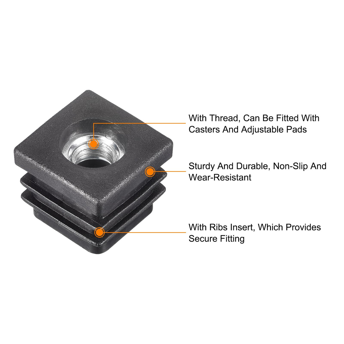 uxcell 4Pcs Inserts for Tubes with M8 Thread, for 0.79"x0.79" OD Square Tube, Square Black Plastic Plug Caster Insert Chair End Caps Furniture Leg Plug
