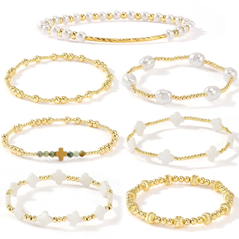 SHINUS BOHO 14K Gold White Beaded Clover Pearl Fall Bracelet Stack for Women,7PCS Bohemian Cross Beads Stretch Stackable Bracelets Set Fashion Holiday Birthday Prom Jewelry Accessories Gift Friendship Sister