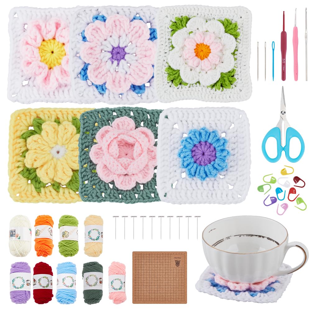 ACRNIGHEET Crochet Kit for Beginners 3D Floral Granny Square Crochet Kit for Adults Learn to Crochet Kits for Adults Beginner Knitting Kit with 6 Square Step-by-Step Video Guide Tutorial