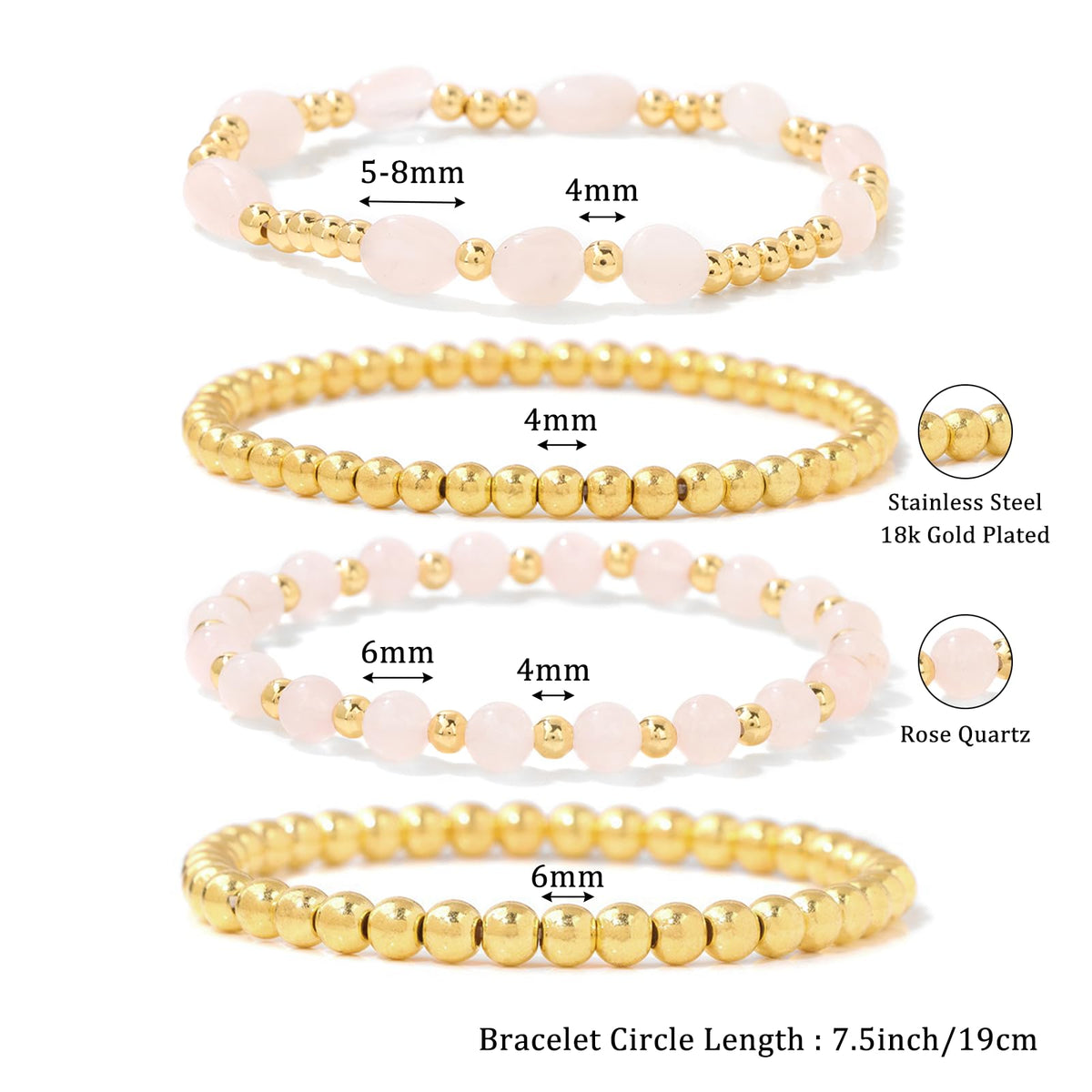MORIANCE Rose Quartz Bracelet for Women Rose Quartz Crystal Jewelry Gold Bracelets for Women Stack Gold Bead Bracelets Pink Beaded Crystal Gemstone Bracelet