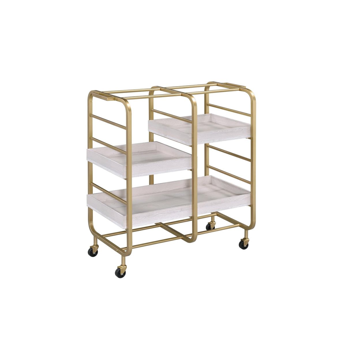 roomfitters Vorrik Gold and White Washed Serving Cart, Glamorous 3-Tier Hollywood Regency Rolling Trolley, 3 Adjustable White Washed Wood Trays