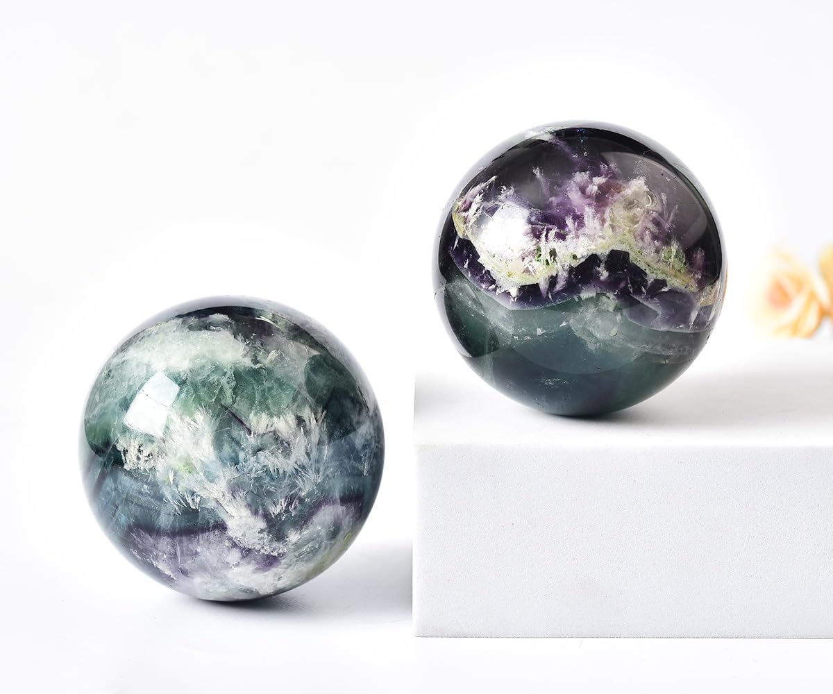 JIC Gem Large Crystal Ball Feather Fluorite Healing Crystals Sphere with Wooden Stand Meditation Home Decor 4 inch (100mm)