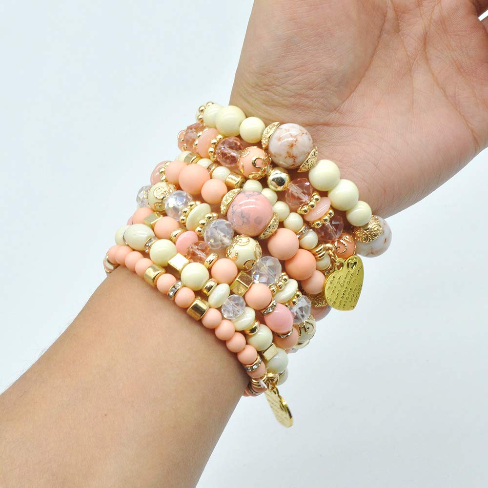 VONRU Bohemian Bracelet Sets for Women - 6 Sets Stackable Stretch Bracelets Multi-color Boho Jewelry for Women Hippie Bracelets Dainty Jewelry Best Friend Gift (Stackable bracelets with heart charm)