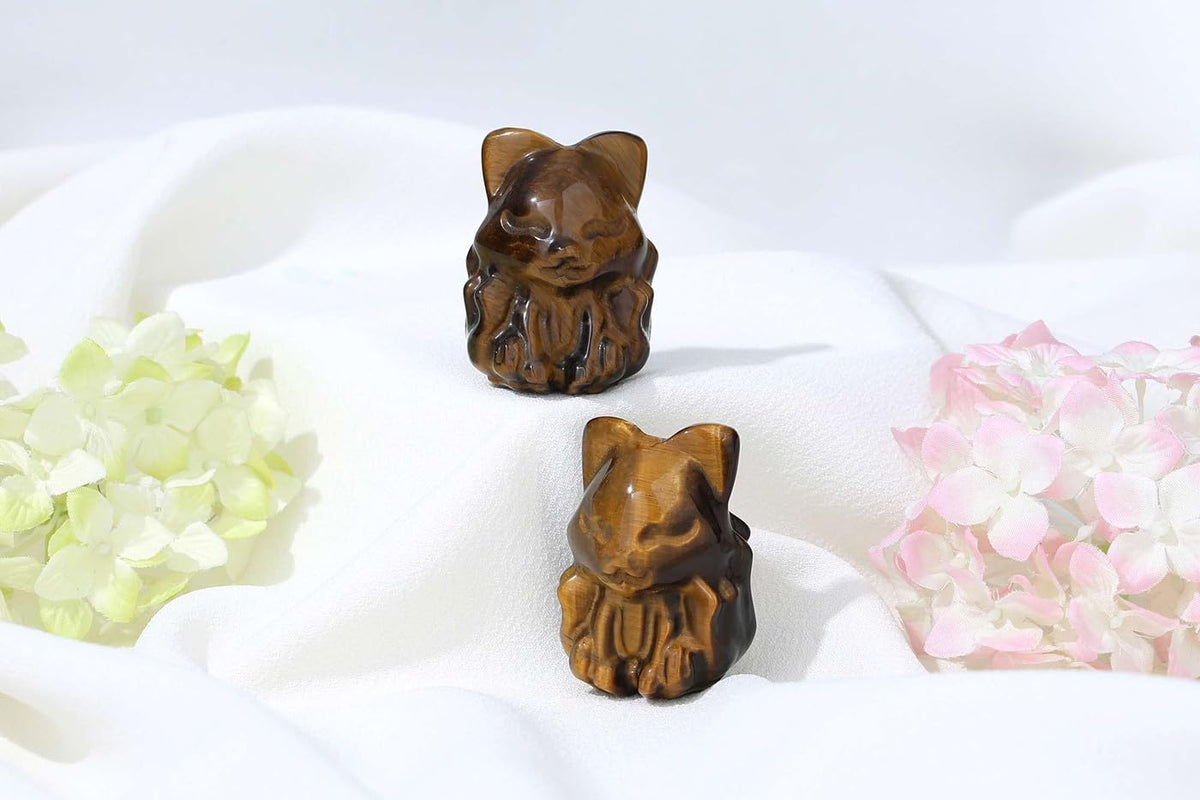 LAIDANLA 2" Tiger's Eye Fox Figurine Healing Crystals Fox Statue Hand Carved Natural Gemstone Polished Reiki Spiritual Pocket Animal Sculpture Home Office Room Desk Decor