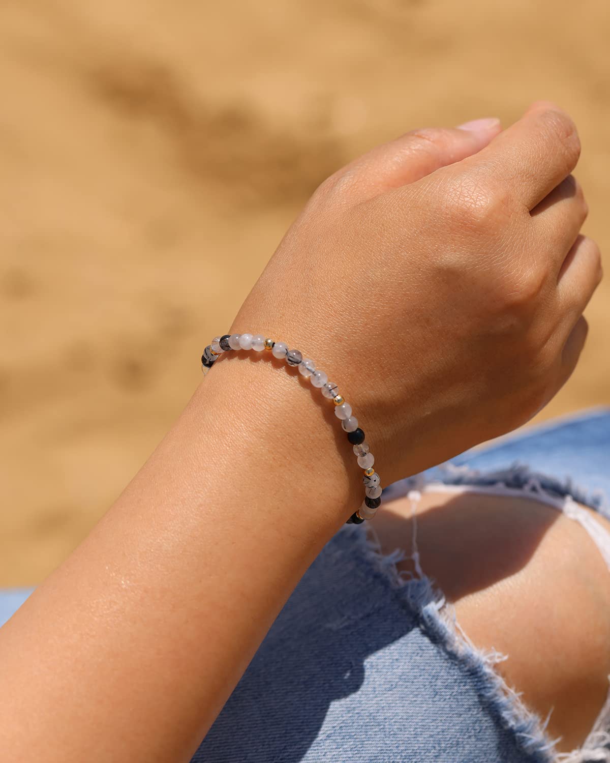 Jewever Gemstone Bracelet for Women Crystals and Healing Stones Beaded Stone Chakra Bracelets Healing Energy Crystal Jewelry Gifts Adjustable 4mm (Rutilated Quartz)