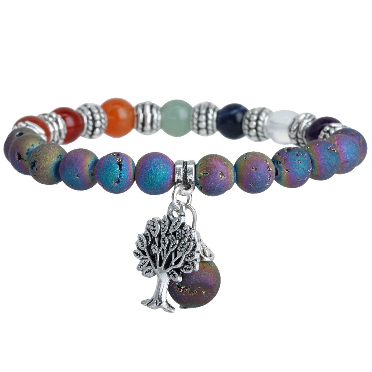 TUMBEELLUWA Beaded Bracelets Semi Precious Stone Yoga Beads Crystals Tree Charm Chakra Bracelet Handmade Jewelry for Women,Rainbow Titanium Coated Druzy(7 Chakra)