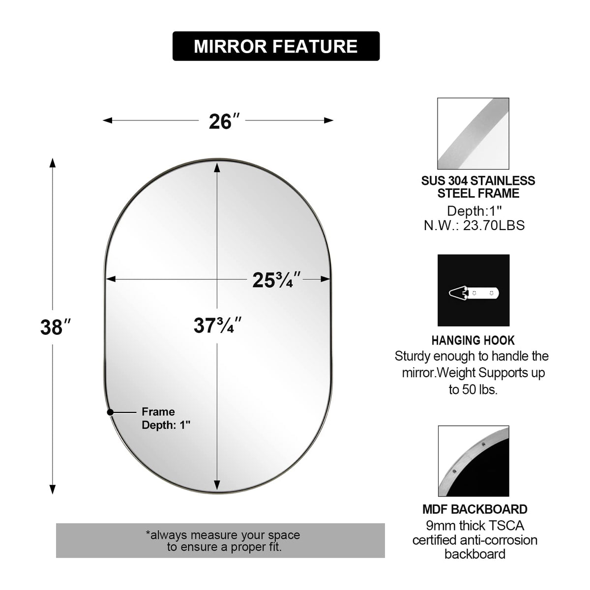 ANDY STAR Chrome Oval Mirror 26x38’’ Pill-Shaped Mirror Chrome Metal Framed for Bathroom Vanity in 1 Inch Stainless Steel Meatl Frame Anti-Rust Wall-Mounted Vertically/Horizontally