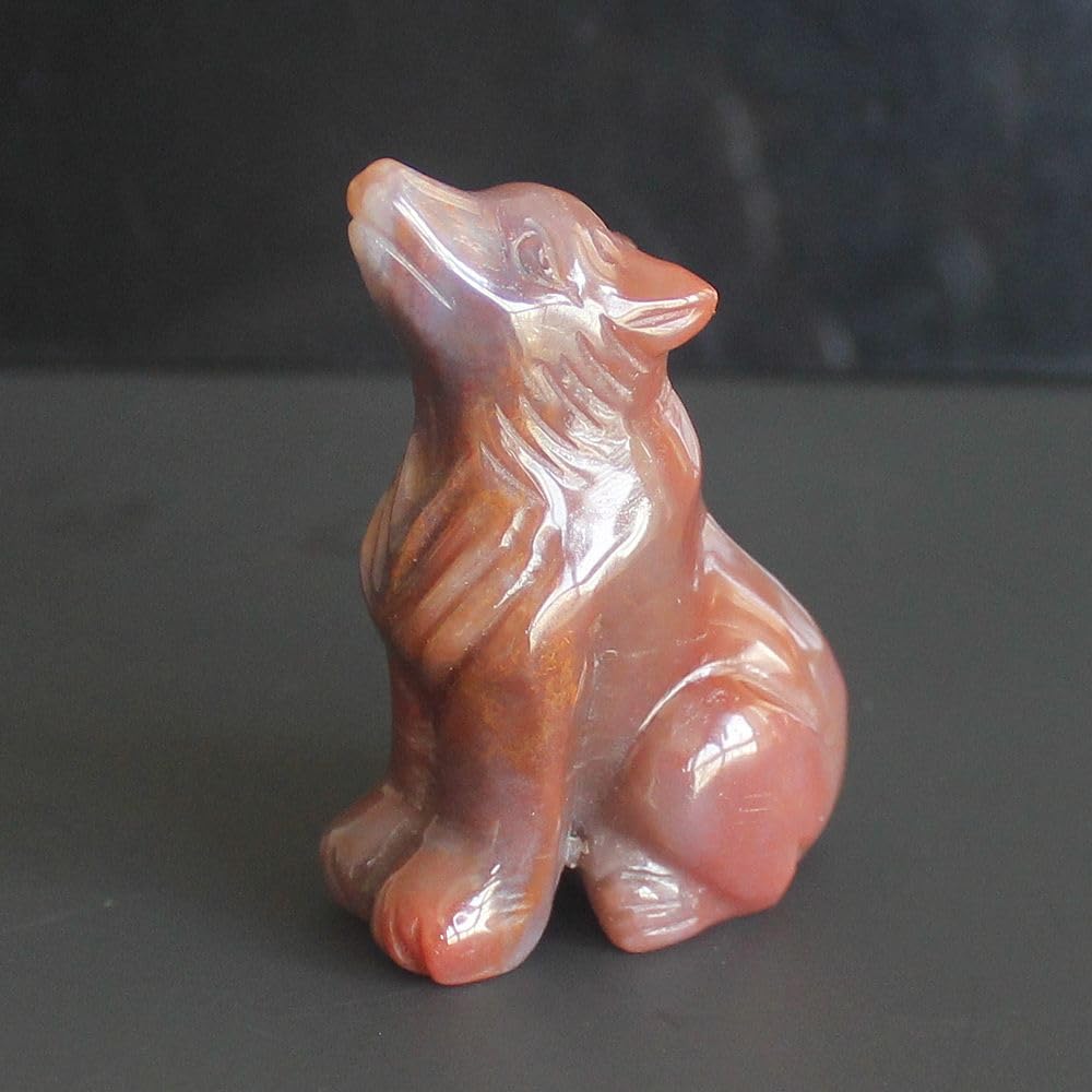 HLbshi Hand Carved Gemstone Crystal Wolf Figurine Animal Statue Carving Office Home Decor Collections 2'' (Multi Ocean Agate)