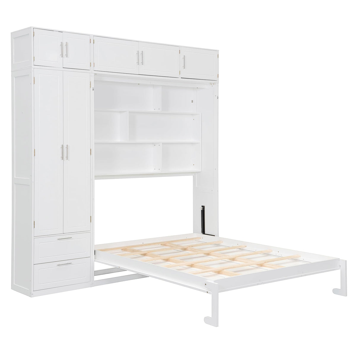 DNYN Murphy Bed Frame with Top Cabinets and Wardrobe for Bedroom/Guest Room/Home Office, Queen Size Foldable Wall Bed with Storage Drawers and Shelves, No Box Spring Needed